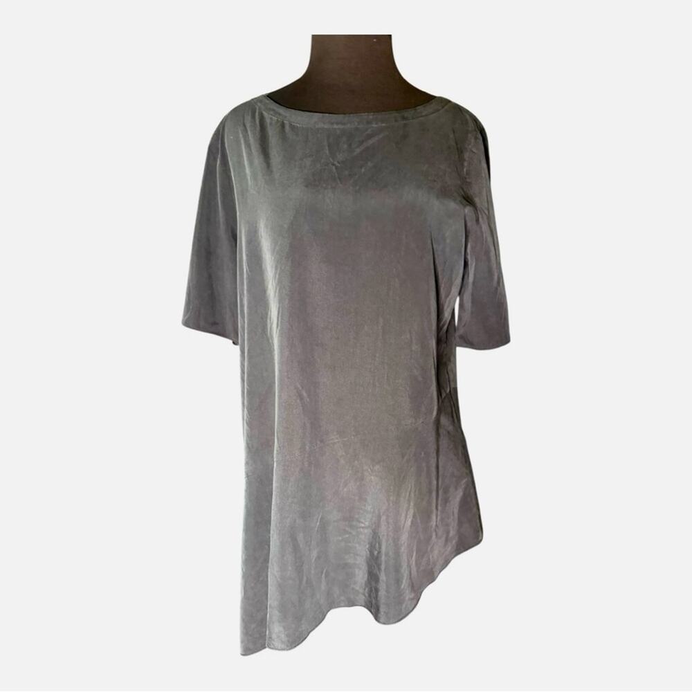 Eileen Fisher Gray Silky Asymmetric Tunic Top Womens Size S Modern Minimalist